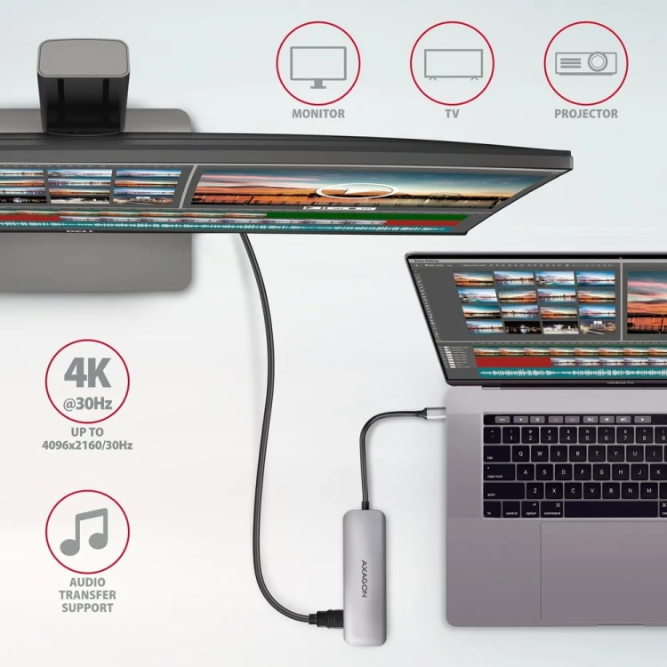 AXAGON HMC-HCR3A Wieloportowy hub 3x USB-A + HDMI + SD/microSD, USB-C 3.2 Gen1, 20cm USB-C kabel