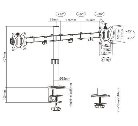 Gembird Ramię dla dwóch monitorów biurkowe  (regulowane), 17 cale- 32 cale, do 9kg