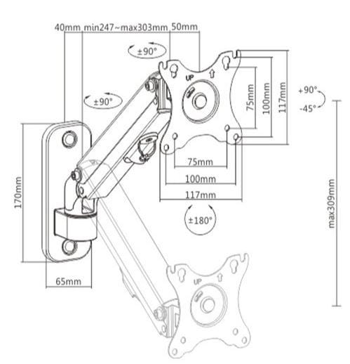 Gembird Ramię regulowane  do monitora do montażu na ścianie, do 27 cali/7 kg