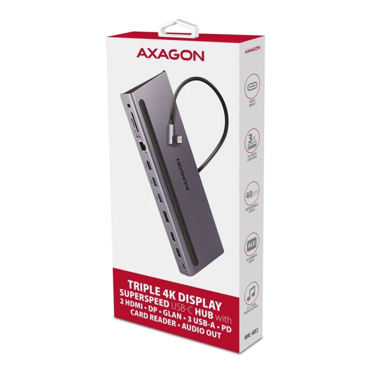 AXAGON HMC-4KX3 Wieloportowy hub USB 5Gbps, 3x USB-A, 2x HDMI + DP + GLAN +  SD/microSD + audio, PD 100W