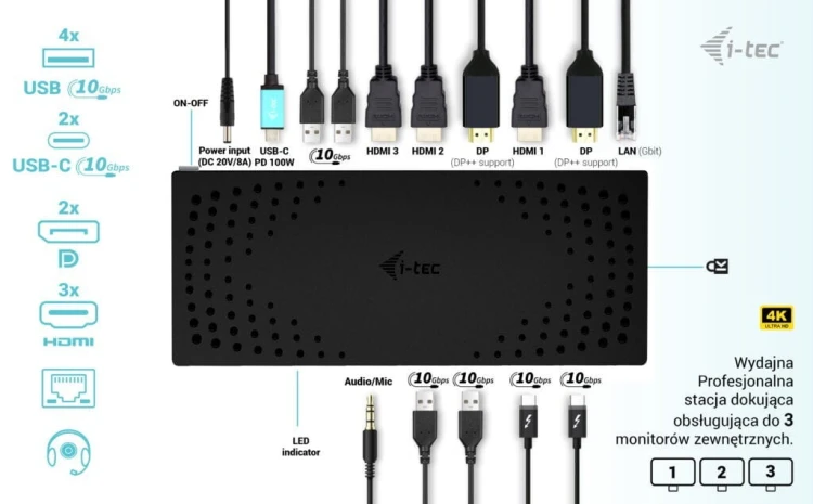 i-tec Stacja dokująca USB 3.0 / USB-C / Thunderbolt, 3 x 4K Gen 2 + zasilanie 100 W