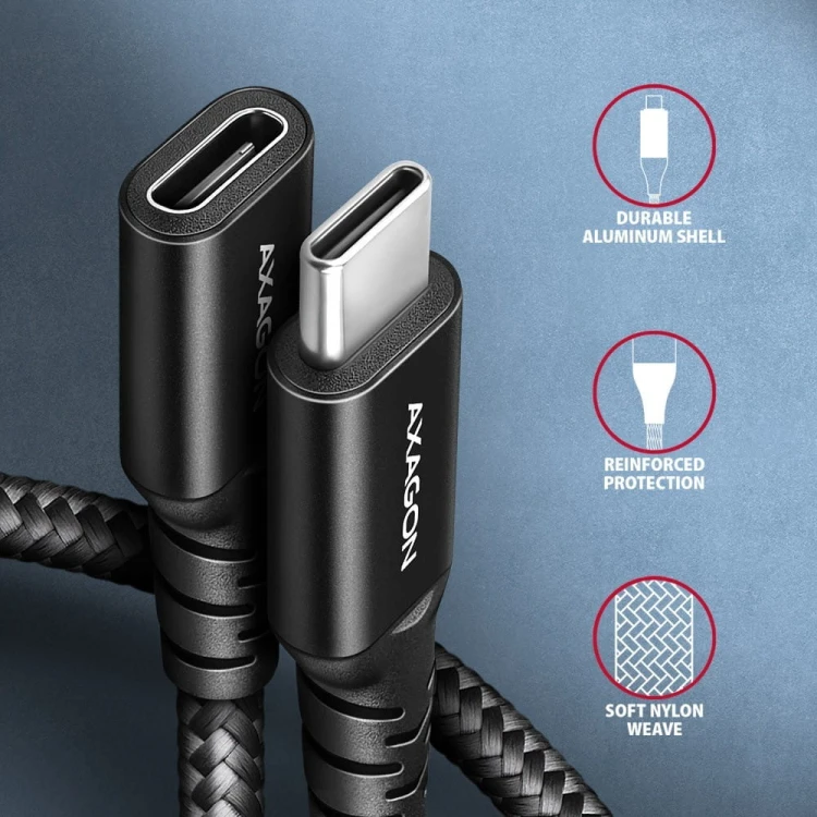 AXAGON BUCM32-CF05AB Kabel przedłużacz Gen2 USB-C - USB-C 0.5m, 5A, 20Gbps, PD 240W, oplot