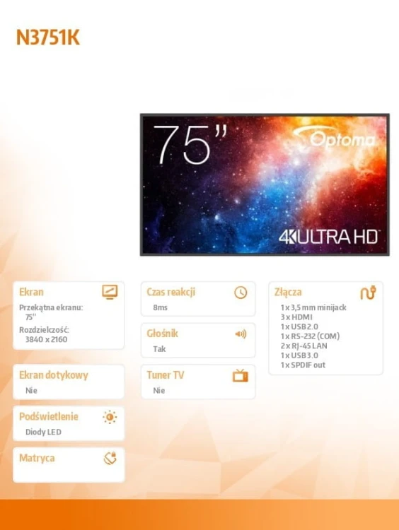 Optoma Monitor wielkoformatowy 75 cali N3751K matowy 24h/7,450cd/m2,USB-C,4K UHD (3840 x 2160),Android 11,Wifi+BT,OMS   kod producenta     H1F2C0GBW10