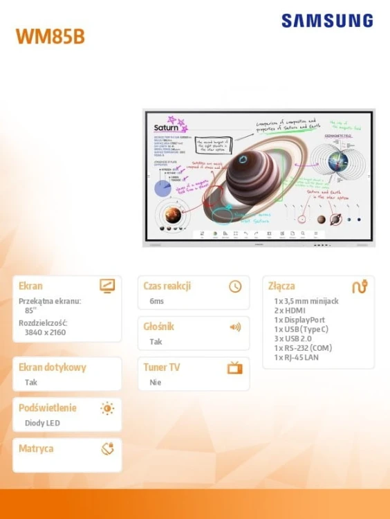 Samsung Monitor profesjonalny WM85B Flip PRO 85 cali Dotykowa 16h/7 350(cd/m2) 3840 x 2160 (UHD) Flip App WiFi/BT 3 lata On-Site (LH85WMBWLGCXEN)