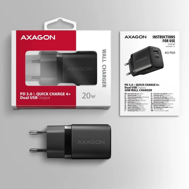 AXAGON ACU-PQ20 Ładowarka sieciowa 20W, QC3.0/AFC/FCP + PD type-C Czarna