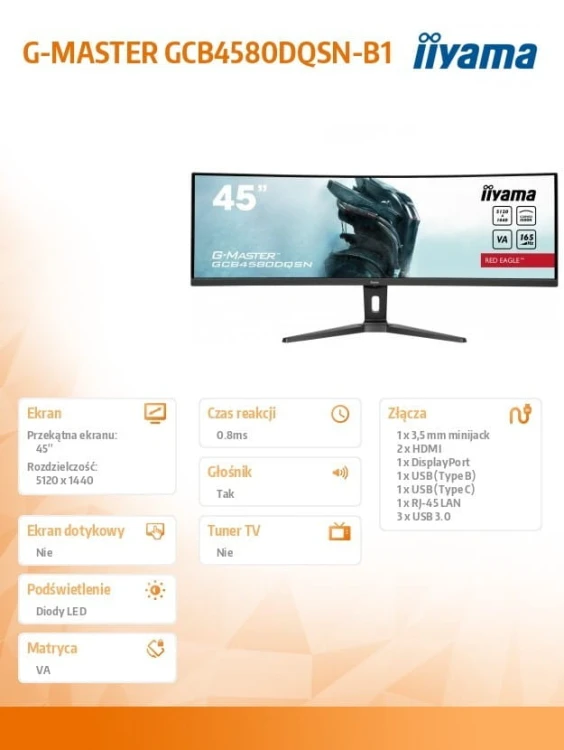 IIYAMA Monitor 45 cali G-Master GCB4580DQSN-B1, VA,DQHD,165HZ,USB-C-DOCK,RJ45,32:9,  1500R,450cd/m2,3000:1,0.8ms,3xUSB,2xHDMI,1xDP,2x3W,PowerDelivery-