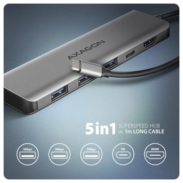 AXAGON HMC-5H Wieloportowy hub USB-C 3.2 Gen 1, 3x USB-A, 4K HDMI, PD 100W, 100cm USB-C kabel