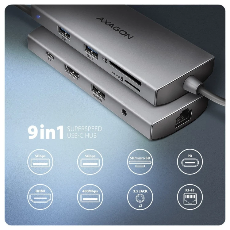 AXAGON HMC-8HLSA Wieloportowy hub USB-C 3.2 Gen 1 hub, 3x USB-A + 4K/30Hz HDMI + SD/microSD, GLAN, Audio, PD 100W, 20cm USB-C kabel