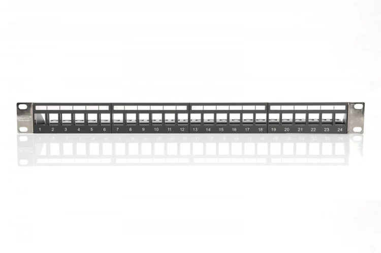 Digitus Panel krosowy (patch panel) modularny 19" 24 porty pod moduły keystone, 1U, ekranowany, prowadnica kabli, wymienne pola opisowe Czarny