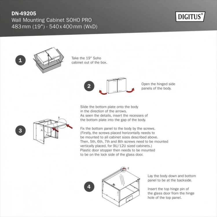 Digitus Szafa sieciowa wisząca 19" 9U, SOHO PRO 460 x 540 x 400 mm, nośność 60kg, drzwi szyba, niezłożona, Czarna
