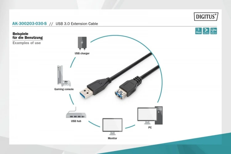 Digitus Kabel przedłużający USB 3.1 Gen.1 SuperSpeed 5Gbps Typ USB A/USB A M/Ż 3m Czarny