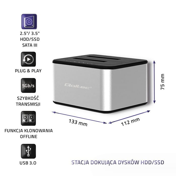 Qoltec Stacja dokująca dysków 2xHDD/SSD | 2.5"/3.5" SATA | USB 3.0 |    Klonowanie