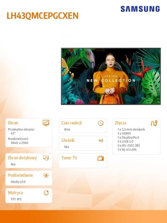 Samsung Monitor profesjonalny QM43C 43 cale Matowy 24h/7 500(cd/m2) 3840x2160 (UHD) S10 Player (Tizen 7, VXT Ready) WiFi/BT 3 lata On-Site (LH43QMCEPG
