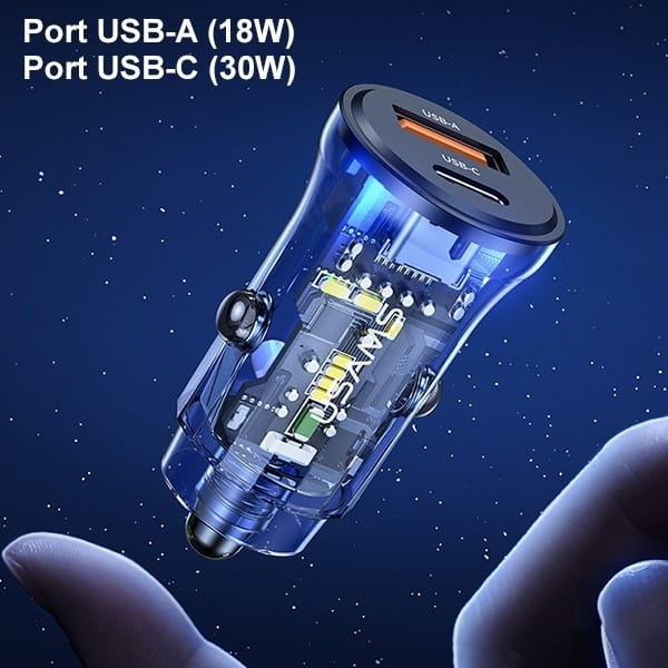 USAMS Ładowarka samochodowa 30W 1xUSB + 1xUSB-C Fast Charge