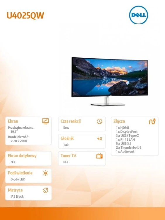 Dell Monitor U4025QW 39,7 cala Curved/WUHD/5120x2160/21:9/HDMI/DP/Thunderbolt/USB/USB-C/Speakers/3Y PPG