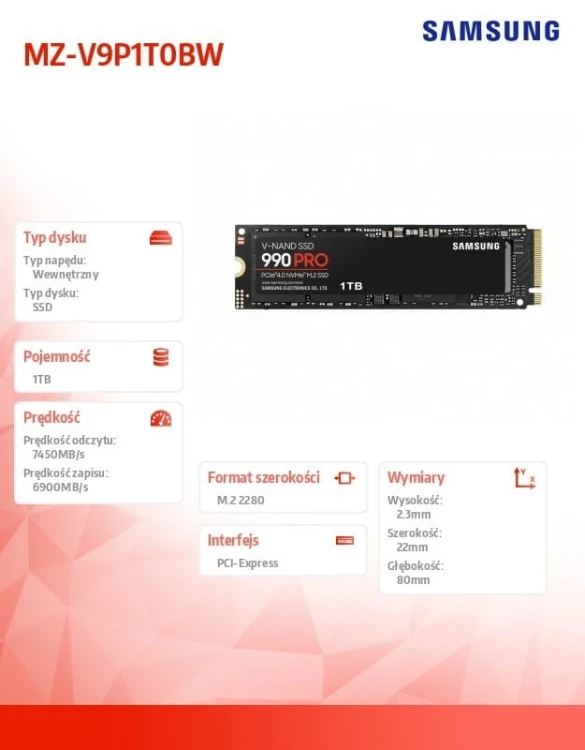 Samsung Dysk SSD 990PRO 1TB Gen4.0x4 NVMeMZ-V9P1T0BW