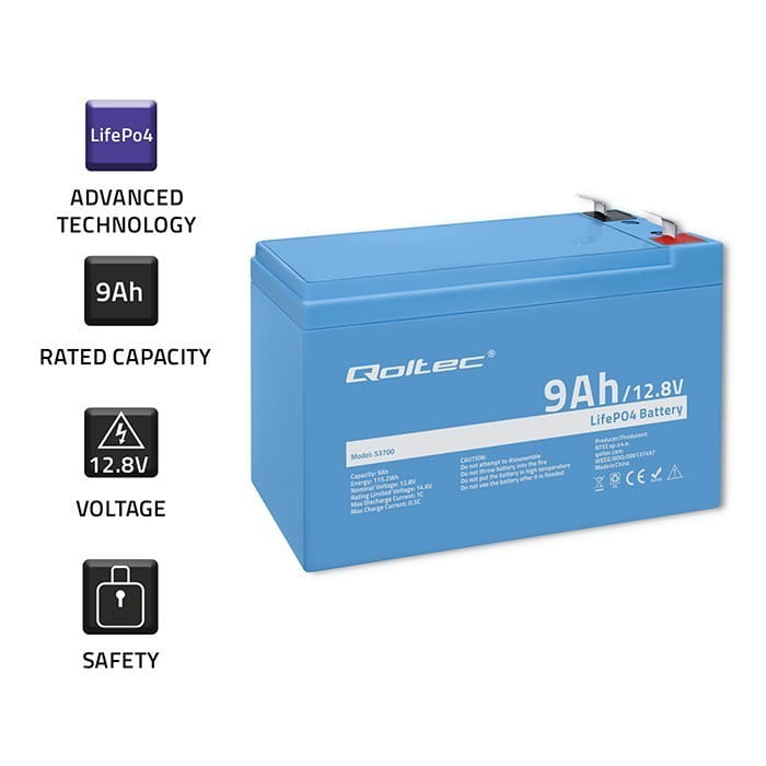 Qoltec Akumulator LiFePO4 Litowo-Żelazowo-Fforanowy | 12.8V | 9Ah |     115.2Wh | BMS