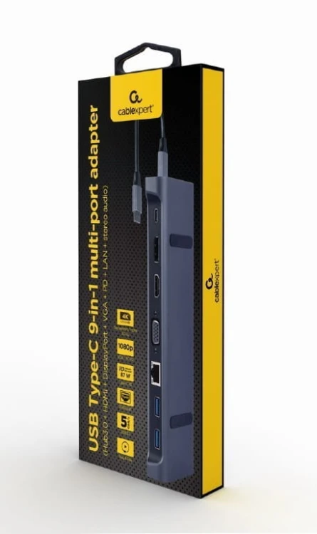 Gembird Adapter USB-C 9w1, HDMI, USB-C PD, VGA, DP, USBx3, Audio, LAN