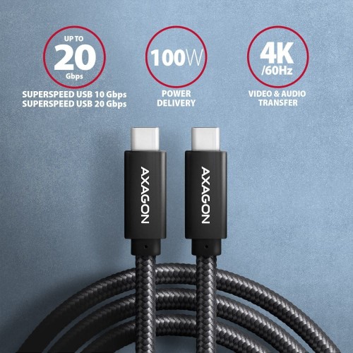 AXAGON BUCM32-CM15A Kabel USB-C - USB-C 3.2 Gen 2, 1.5m, PD 100W, 5A, 4K HD, ALU, oplot, czarny