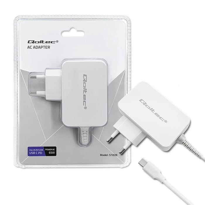Qoltec Zasilacz sieciowy 65W | 5-20.3V | 2-3.25A | USB typ C | PD |     Biały