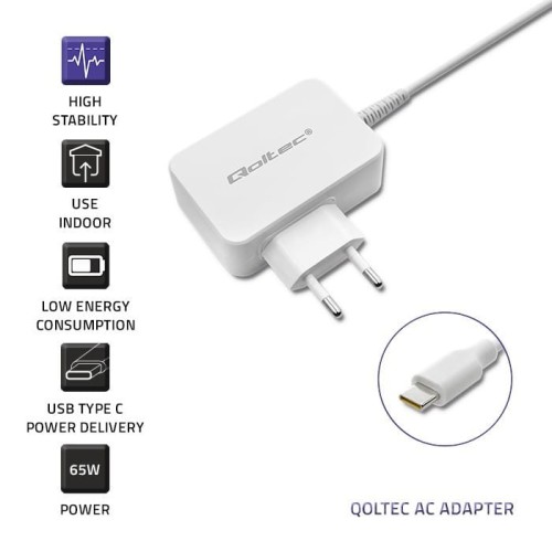 Qoltec Zasilacz sieciowy 65W | 5-20.3V | 2-3.25A | USB typ C | PD |     Biały