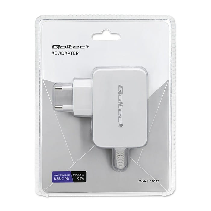 Qoltec Zasilacz sieciowy 65W | 5-20.3V | 2-3.25A | USB typ C | PD |     Biały