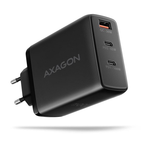 AXAGON Ładowarka sieciowa ACU-DPQ100  GaN 100W, 3x port (USB-A + dual USB-C) PD3.0/QC4+/PPS/Apple Czarna