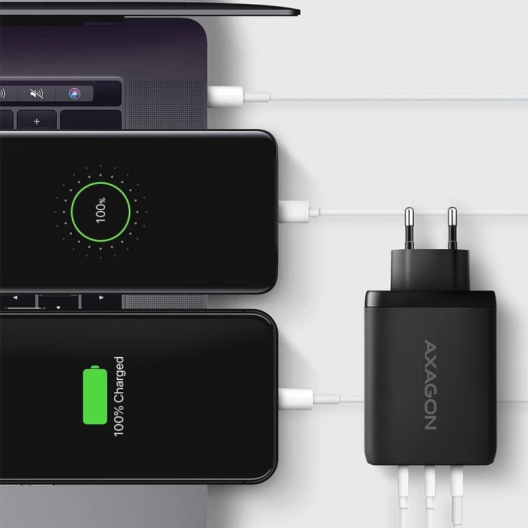 AXAGON Ładowarka sieciowa ACU-DPQ100  GaN 100W, 3x port (USB-A + dual USB-C) PD3.0/QC4+/PPS/Apple Czarna