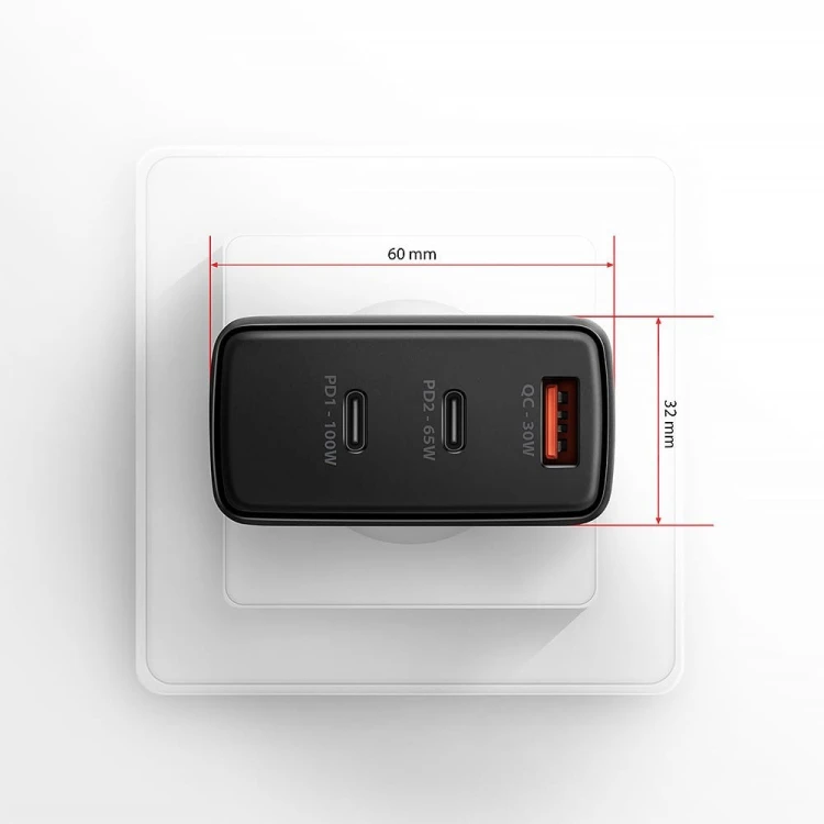 AXAGON Ładowarka sieciowa ACU-DPQ100  GaN 100W, 3x port (USB-A + dual USB-C) PD3.0/QC4+/PPS/Apple Czarna