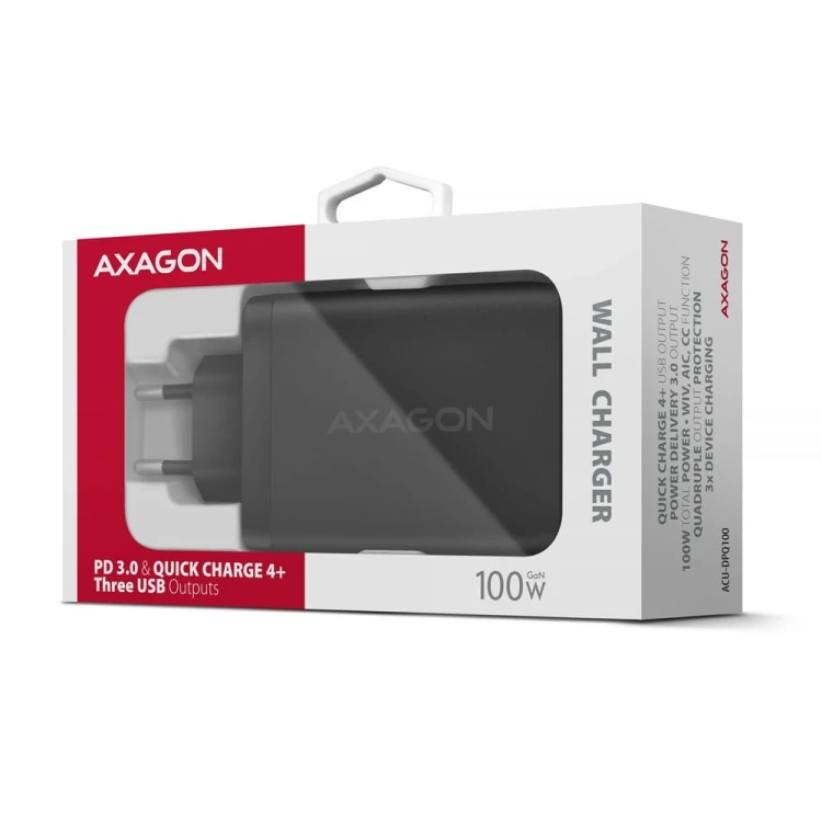 AXAGON Ładowarka sieciowa ACU-DPQ100  GaN 100W, 3x port (USB-A + dual USB-C) PD3.0/QC4+/PPS/Apple Czarna