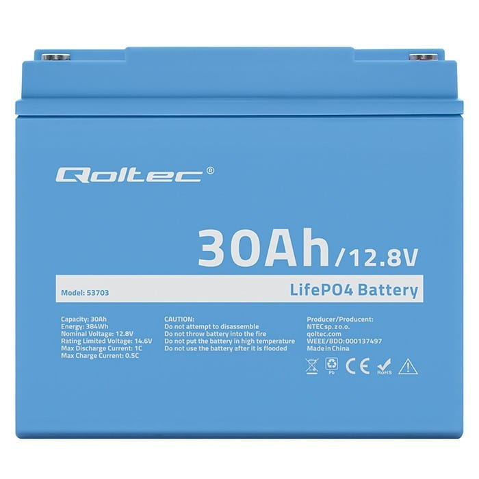 Qoltec Akumulator LiFePO4 Litowo-Żelazowo-Fosforanowy | 12.8V | 30Ah |  384Wh | BMS