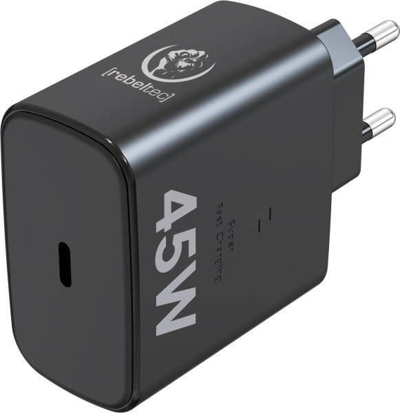 Rebeltec Zasilacz PD45W USB-C uniwersalny do notebooków, smartphonów, tabletów, power banków i innych urządzeń z gniazdem zasilającym USB-C.