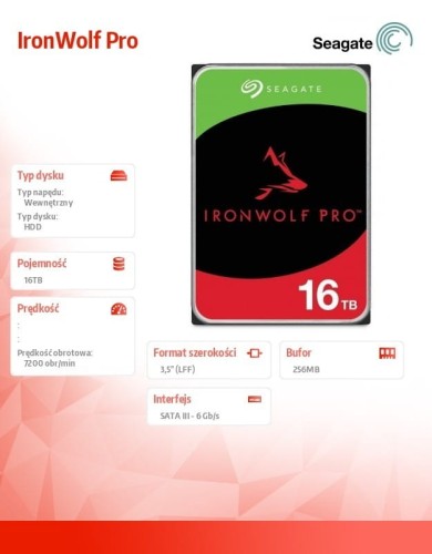 Seagate Dysk IronWolfPro 16TB  3.5'' 256MB ST16000NT001