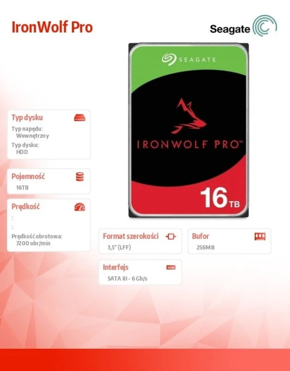 Seagate Dysk IronWolfPro 16TB  3.5'' 256MB ST16000NT001