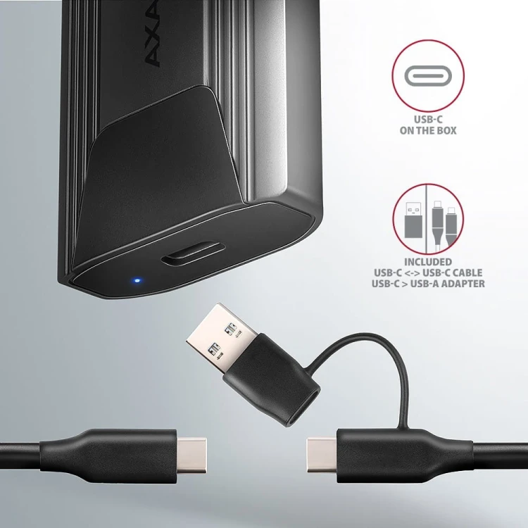 AXAGON EEM2-GTS2 Obudowa zewnętrzna aluminiowa bezśrubowa USB-C 3.2 Gen 2 M.2 NVMe & SATA SSD + USB-A - USB-C redukcja