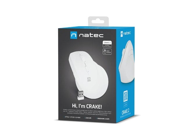 Natec Mysz bezprzewodowa wertykalna Crake 2 BT 5.2 + 2.4GHz biała