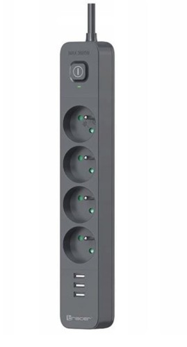 Tracer Listwa zasilająca antyprzepięciowa Power Line+ mobile ready 1.5m (4 gniazda + 3x USB A, 5V 2.4A)