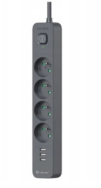 Tracer Listwa zasilająca antyprzepięciowa Power Line+ mobile ready 1.5m (4 gniazda + 3x USB A, 5V 2.4A)