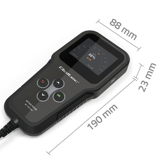 Qoltec Cyfrowy tester akumulatora 3w1 z LCD | 6V | 12V | 24V | 30Ah-    200Ah