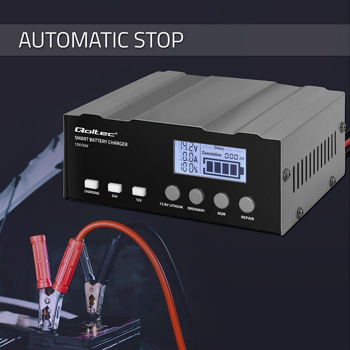 Qoltec Inteligentna mikroprocesorowa ładowarka 12V | 12.6V | 24V |Prostownik z funkcją naprawy do akumulatora AGM GEL LiFePO4 | LCD
