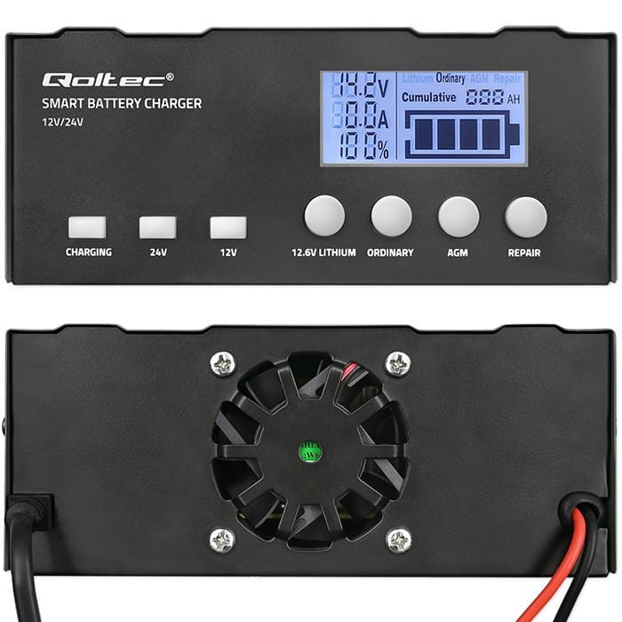 Qoltec Inteligentna mikroprocesorowa ładowarka 12V | 12.6V | 24V |Prostownik z funkcją naprawy do akumulatora AGM GEL LiFePO4 | LCD