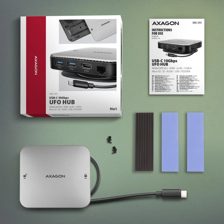AXAGON HMC-UFO Wieloportowy hub USB 9in1, 10Gbps, 2x USB-A, HDMI 4K/60Hz, M.2 NVMe/SATA, audio, PD 100W, SD/microSD, GLAN, 65cm USB-C kabel