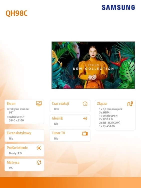 Samsung Monitor profesjonalny QH98C 98 cali Matowy 24h/7 700(cd/m2) 3840x2160 (UHD) S10 Player (Tizen 7) WiFi/BT 3 lata On-Site (LH98QHCEBGCXEN)