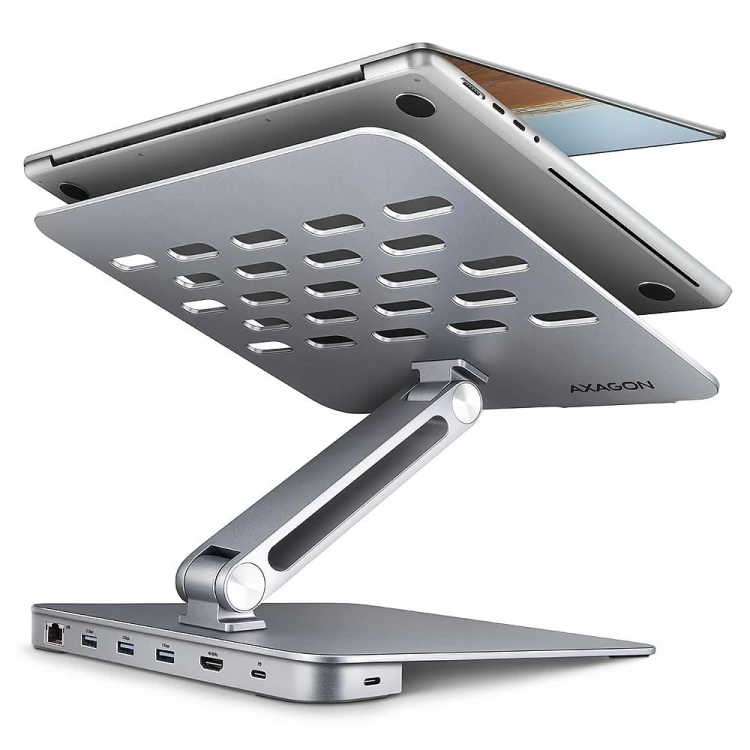 AXAGON HMC-STND Stojak z wieloportowy hub Aluminiowy 7in1, 5Gbps, do 10"-16" cali laptopów, nastawny, 3x USB-A, HDMI 4K/60Hz, GLAN, PD 100W, 60cm USB-