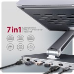 AXAGON HMC-STND Stojak z wieloportowy hub Aluminiowy 7in1, 5Gbps, do 10"-16" cali laptopów, nastawny, 3x USB-A, HDMI 4K/60Hz, GLAN, PD 100W, 60cm USB-
