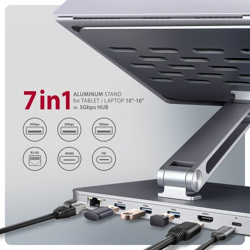 AXAGON HMC-STND Stojak z wieloportowy hub Aluminiowy 7in1, 5Gbps, do 10"-16" cali laptopów, nastawny, 3x USB-A, HDMI 4K/60Hz, GLAN, PD 100W, 60cm USB-