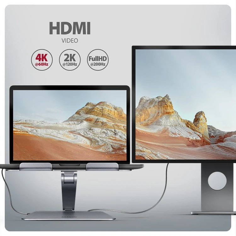 AXAGON HMC-STND Stojak z wieloportowy hub Aluminiowy 7in1, 5Gbps, do 10"-16" cali laptopów, nastawny, 3x USB-A, HDMI 4K/60Hz, GLAN, PD 100W, 60cm USB-