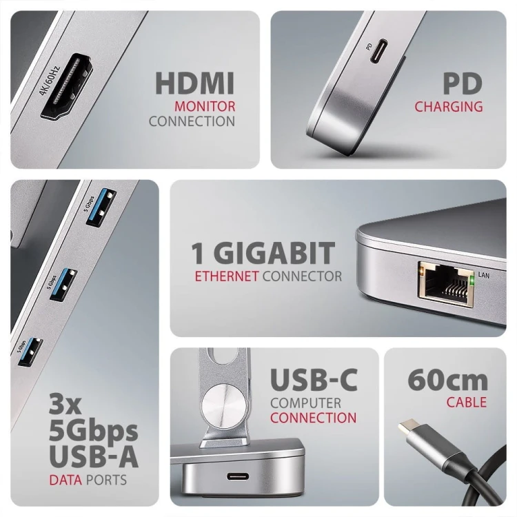 AXAGON HMC-STND Stojak z wieloportowy hub Aluminiowy 7in1, 5Gbps, do 10"-16" cali laptopów, nastawny, 3x USB-A, HDMI 4K/60Hz, GLAN, PD 100W, 60cm USB-