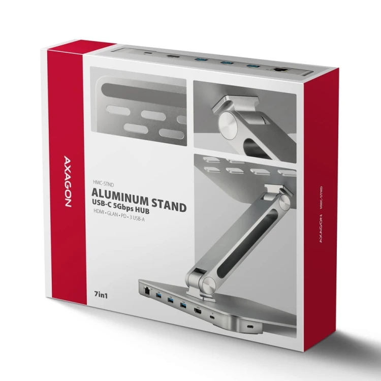 AXAGON HMC-STND Stojak z wieloportowy hub Aluminiowy 7in1, 5Gbps, do 10"-16" cali laptopów, nastawny, 3x USB-A, HDMI 4K/60Hz, GLAN, PD 100W, 60cm USB-