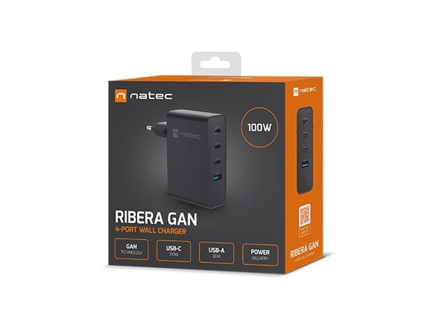Natec Ładowarka sieciowa Ribera GAN 3xUSB-C + 1x USB-A 100W czarna
